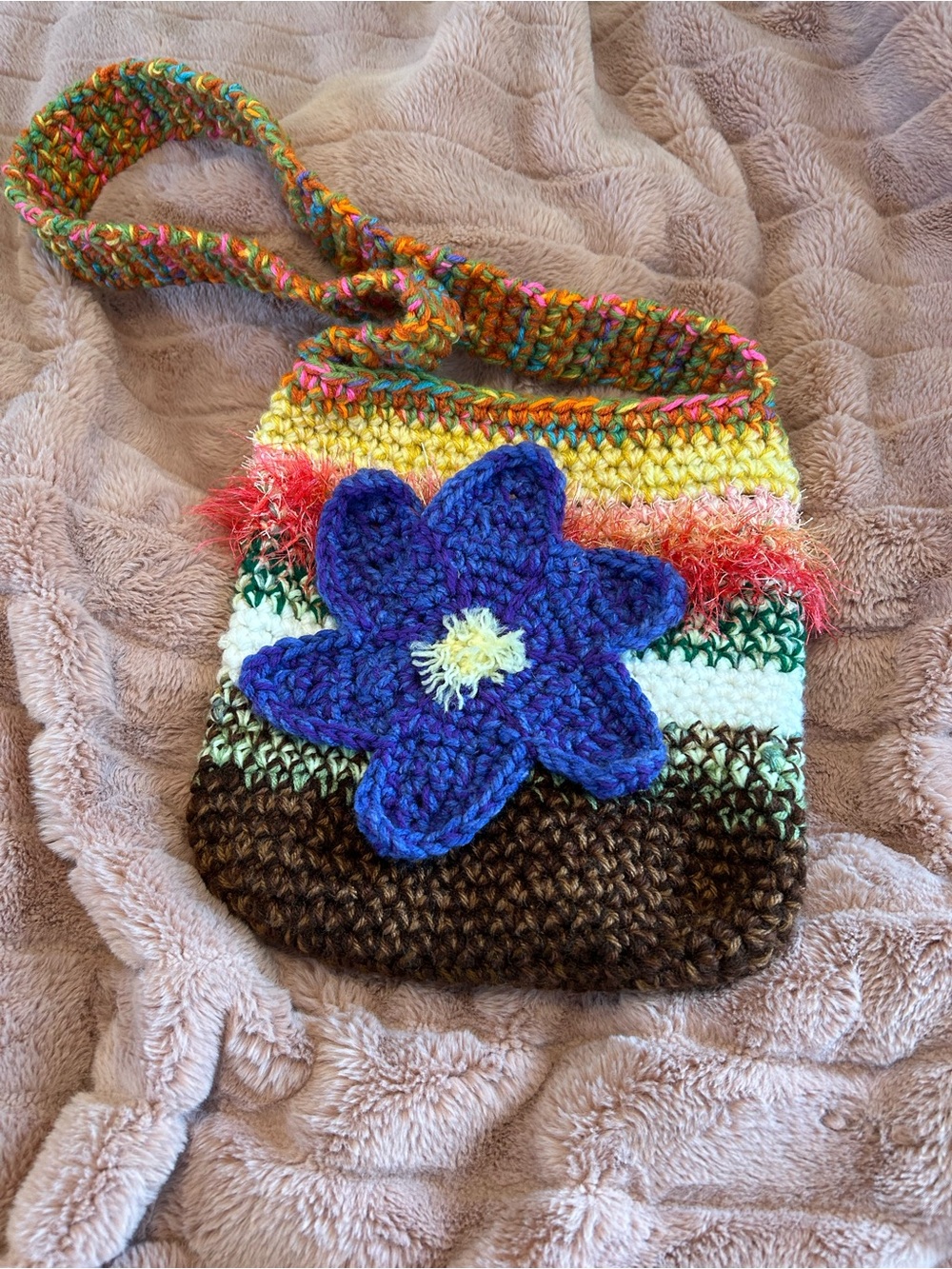 Handmade Crochet Floral Crossbody Bag - Multicolor